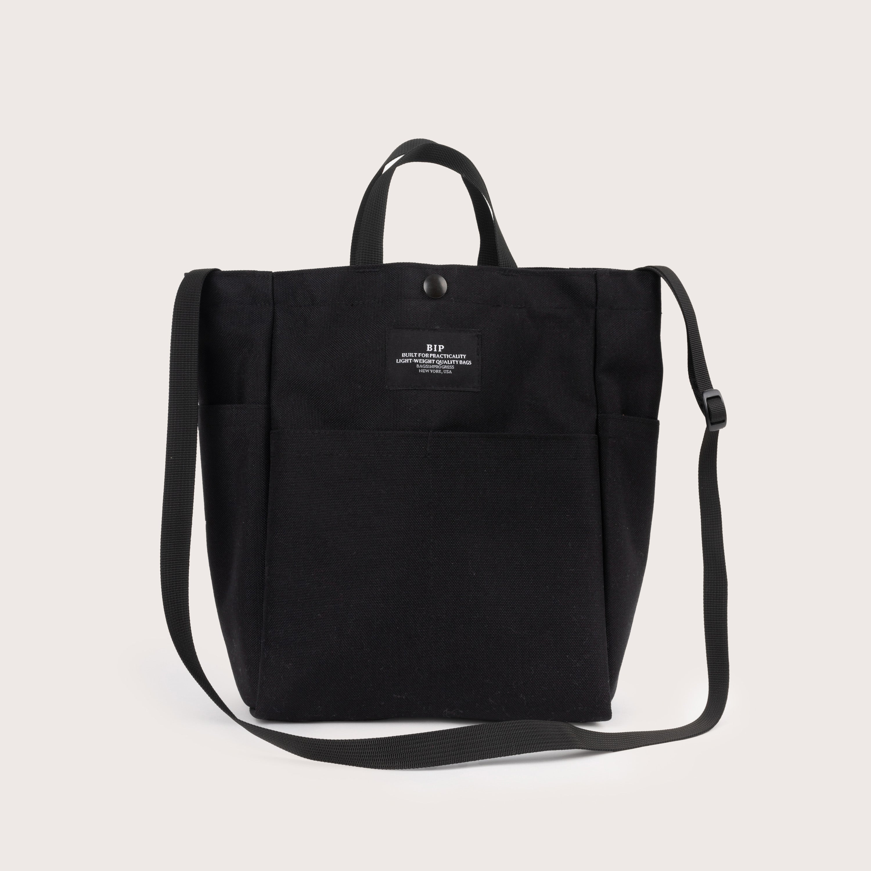 SMALL MULTI-POCKET SHOULDER TOTE - BLACK NYLON CANVAS